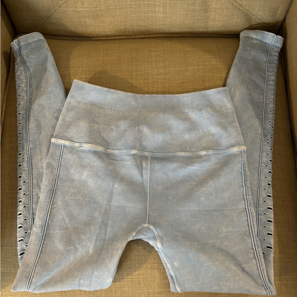 Spiritual Gangster Ribbed & Laser Cut Denim Wash Blue Leggings, Size Small